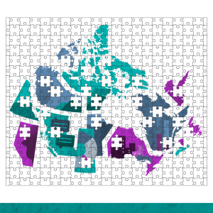 A jigsaw puzzle of a map of Canada missing pieces